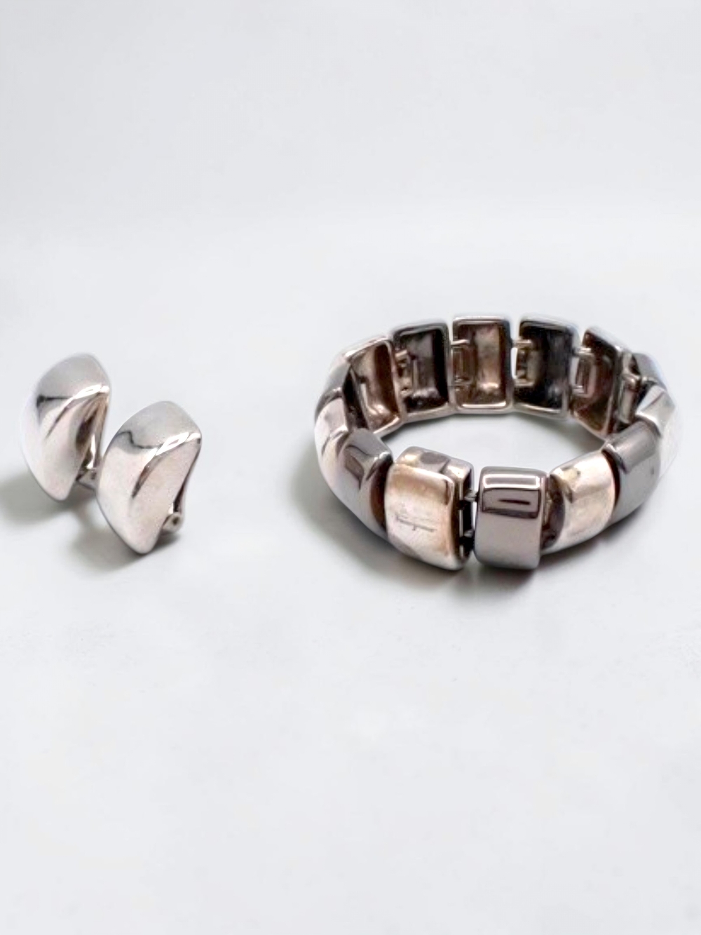 Salvatore Ferragamo Bracelet with Matching Clip Earrings Silver Tone